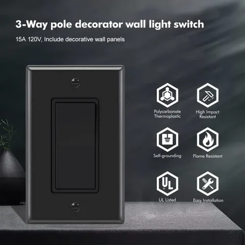 Miniatura 2 de Micmi Interruptor de pared decorativo de 3 vías, interruptor de pared negro, interruptor basculante de paleta de un solo polo o tres vías, grado