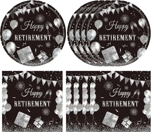 Juego de 40 piezas de vajilla desechable para fiestas de jubilación para hombres y mujeres, color negro y plateado, incluye platos de jubilación y