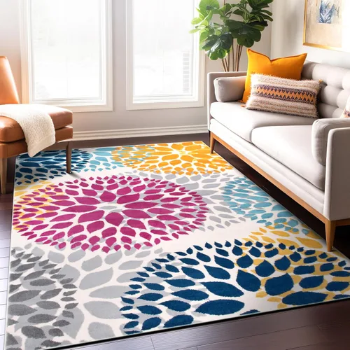Miniatura 12 de Rugshop Alfombra con diseño moderno de círculos florales amarillos – Elegante, sin desprendimiento, de 2 x 3 pies, para sala de estar, dormitorio
