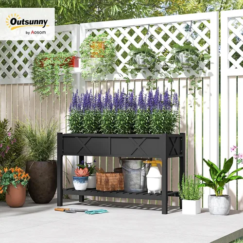 Miniatura 2 de Outsunny - Jardinera elevada de madera con estante de almacenamiento, orificios de drenaje y forro para el patio trasero, la terraza, el balcón, 47