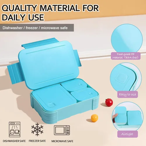 Miniatura 3 de Lonchera para niños, sin BPA, caja Bento de 3 compartimentos a prueba de fugas para mochilas, apta para microondas y lavavajillas, contenedor