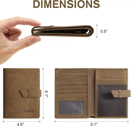 Miniatura 2 de Kattee Soporte para pasaporte de cuero genuino con bloqueo RFID, billetera de viaje plegable para hombres, Marrón, Vintage
