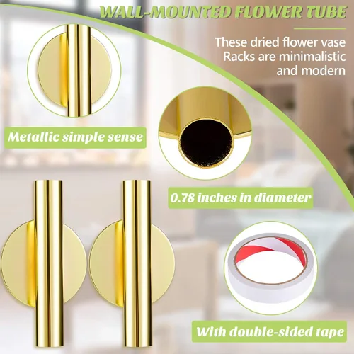 Miniatura 2 de Jetec 3 jarrones de pared de metal dorado para colgar en la pared, macetas para flores, tubo colgante bohemio para exhibir decoración del hogar