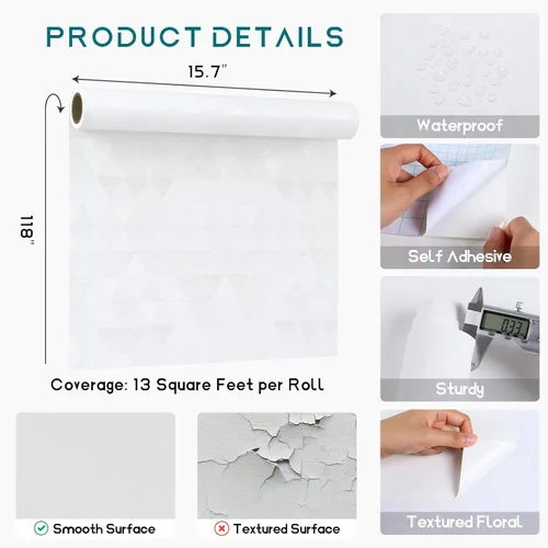 Miniatura 7 de VEELIKE Papel tapiz blanco de diamante para despegar y pegar, papel adhesivo blanco grueso impermeable para armarios, cajones, paredes, 15.7 x 118