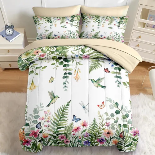 Miniatura 21 de Nesker Juego de edredón de primavera de 5 piezas, tamaño individual, juego de ropa de cama floral con mariposas para niños y adultos, juego