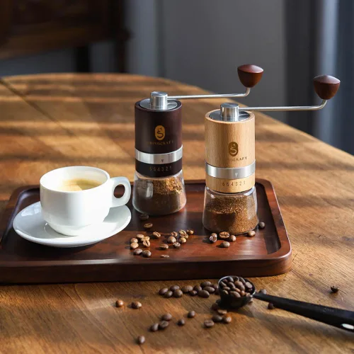 Miniatura 3 de Molinillo de café manual de alta calidad, fabricado con madera de haya auténtica; molinillo de café de mano con molino de rebabas de acero Marrón