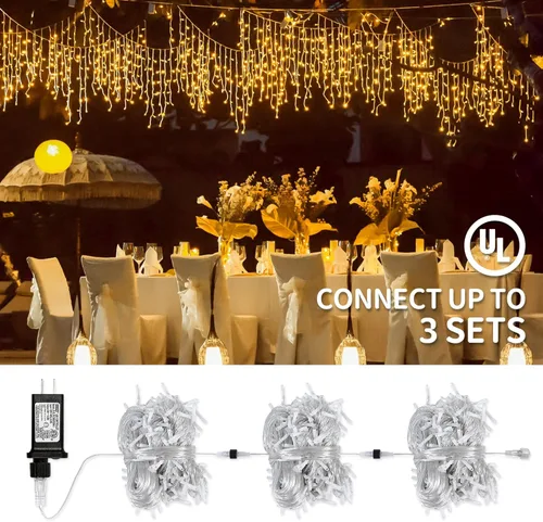 Miniatura 5 de Luces de carámbano de 33 pies con 300 luces LED para exteriores, impermeables, con 50 gotas, tira de luces blancas cálidas para bodas, fiestas