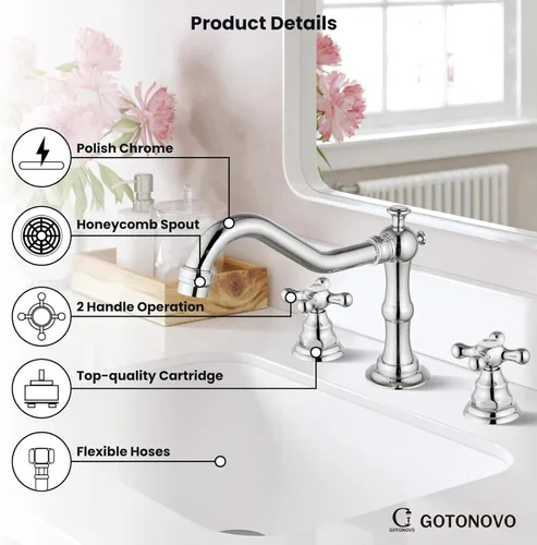 Miniatura 9 de gotonovo Grifo de baño de 3 orificios de 8 pulgadas de separación amplia, grifo de lavabo de baño con 2 manijas cruzadas, grifo mezclador vintage