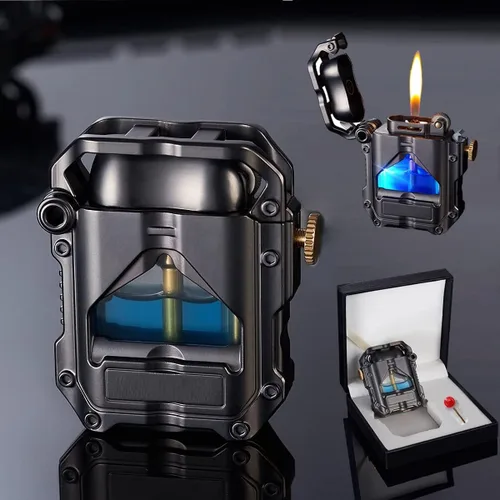 Encendedor de queroseno steampunk con luz LED azul, novedoso encendedor mecánico transparente, regalos únicos para hombres (negro), 2.36 x 2 x 0.7