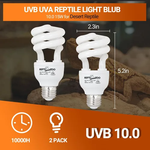 Miniatura 2 de REPTI ZOO Paquete de 2 bombillas UVA UVB para reptiles, 10.0 15 W, lámpara fluorescente compacta en espiral para dragones barbudos, tortugas