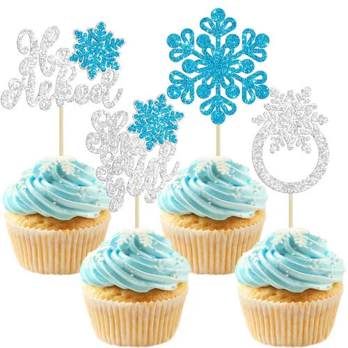 Miniatura 16 de Gyufise 24 adornos de copos de nieve Oh Baby para cupcakes con purpurina azul, decoración de pastel de baby shower congelado para baby shower