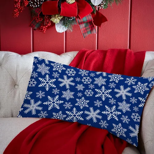 Miniatura 3 de SPXUBZ Funda de almohada de algodón con diseño de copo de nieve azul, Feliz Navidad, decoración del hogar, funda de cojín rectangular