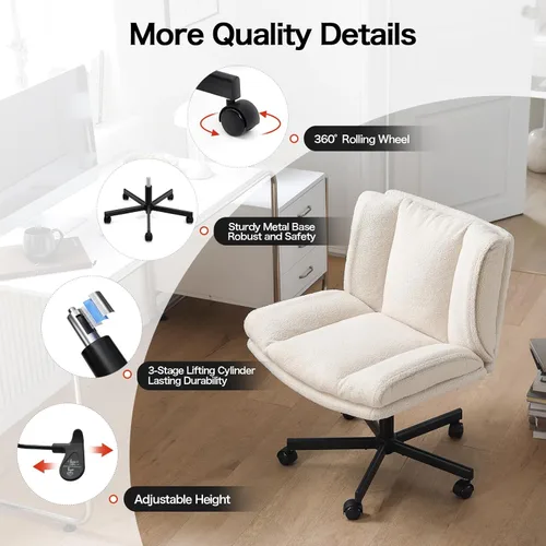 Miniatura 8 de LEAGOO Silla cruzada con ruedas, silla de maquillaje sin brazos con asiento ancho peludo, silla de tocador ajustable en altura, convertible entre