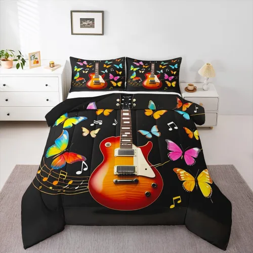 Erosebridal Juego de ropa de cama de guitarra, juego de edredón de notas musicales de mariposa, tamaño individual, juego de edredón de música hip