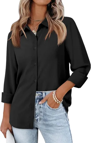 siliteelon Camisas de manga larga con botones de gasa para mujer: blusas de trabajo con cuello para negocios, oficina, vestidos casuales