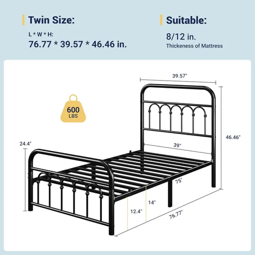 Miniatura 2 de Allewie Marco de cama de plataforma de metal tamaño individual de 14 pulgadas con cabecero/pie de cama curvado de hierro forjado estilo victoriano