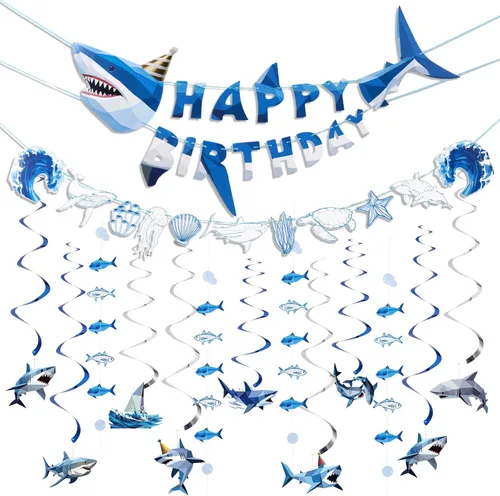 Paper Jazz Decoración de tiburón oceánico, decoración de fiesta de tiburón ballena para pared, pancarta de cumpleaños bajo el mar con remolinos, Azul