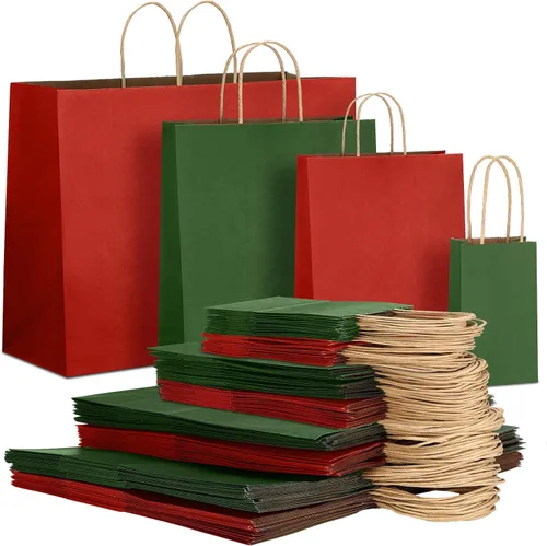 Tenceur 100 bolsas de regalo de Navidad rojas y verdes, bolsas de papel kraft con asas, regalo de vacaciones para boda, baby shower, despedida de