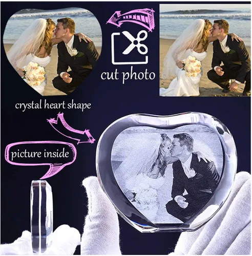 Miniatura 3 de personalizado personalizado grabado láser 3D, marco de fotos personalizado en forma de corazón con cristal grabado láser, boda, inauguración