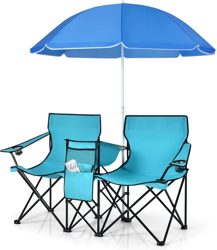 Miniatura 13 de LDAILY LUARANE - Silla plegable doble para campamento, sillas de picnic al aire libre con paraguas extraíble, mini mesa, portavasos y bolsa de Azul