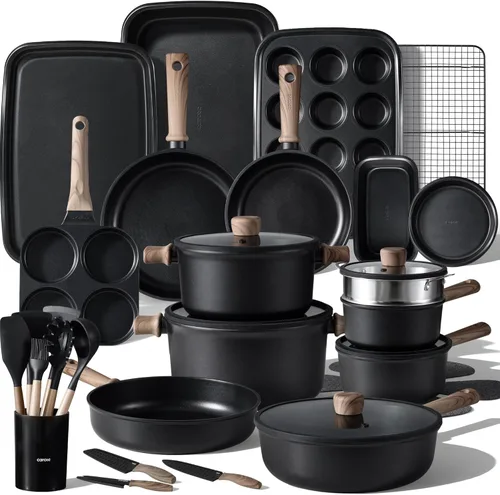 CAROTE Juego de 44 piezas de utensilios de cocina antiadherentes, ollas y sartenes antiadherentes, juego de utensilios de cocina de inducción,