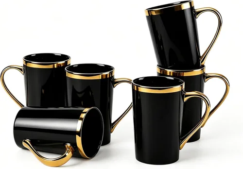 Juego de 6 tazas de café de oro negro de 12 onzas, tazas de cerámica de porcelana con mango y borde dorados, apto para lavavajillas, regalo elegante