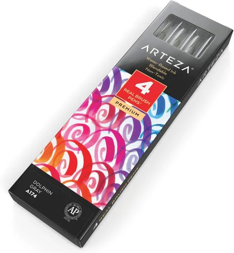 Miniatura 2 de Arteza Bolígrafos de pincel real, A174 gris delfín, paquete de 4, bolígrafos de acuarela con puntas de pincel de nailon, suministros de arte