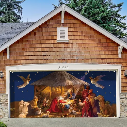 Miniatura 8 de Cubierta para puerta de cochera de Navidad Wesiti 6 x 13 pies, cartel religioso de Jesús, Feliz Navidad, para puerta de cochera, fondo de escena