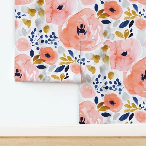 Miniatura 4 de Spoonflower Papel tapiz para despegar y pegar, papel tapiz extraíble personalizado floral melocotón grande acuarela coral