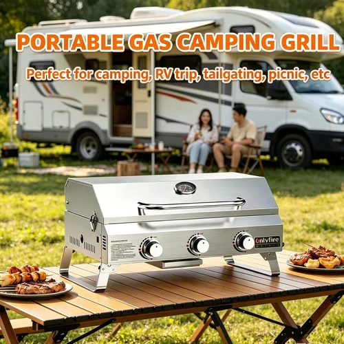Miniatura 6 de Parrilla de Gas de Mesa 3 Quemadores, Parrilla de Propano Portátil para Barbacoa con Patas Plegables para Barbacoa al Aire Libre, Patio, Jardín
