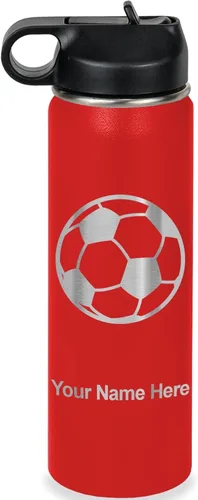 Miniatura 34 de LaserGram Botella de agua personalizada, pelota de fútbol, acero inoxidable de doble pared aislada al vacío con popote superior, regalo grabado