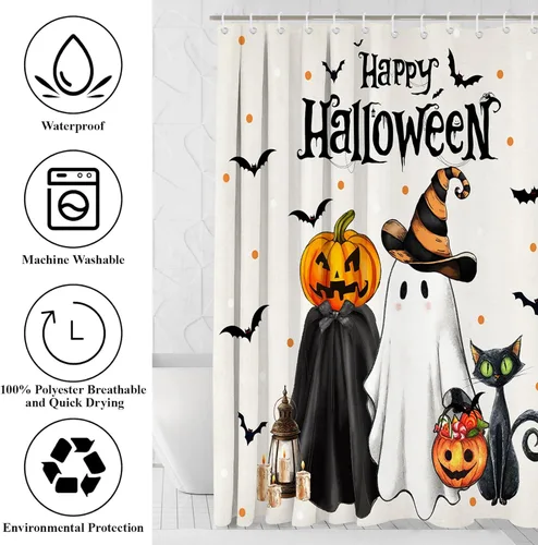 Miniatura 7 de Mocsicka Juego de cortinas de ducha de Halloween para baño, 4 piezas, fantasma, gato, calabaza, juegos de baño con alfombras antideslizantes