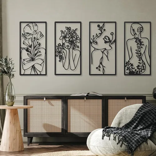 Miniatura 8 de Cindeer 4 piezas de arte de pared de metal minimalista abstracto para mujer, línea de arte de pared, dibujo de líneas de metal, arte colgante