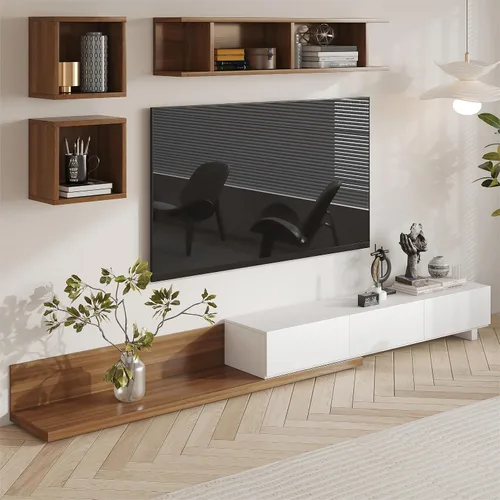Miniatura 8 de homary Soporte extensible de madera para TV, centro de entretenimiento rectangular, consola multimedia con 3 cajones (negro y nogal)