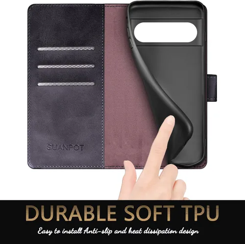 Miniatura 5 de SUANPOT Funda tipo cartera para Google Pixel 7 Pro 5G con bloqueo RFID, tarjetero de crédito, funda protectora de piel sintética con tapa para Negro