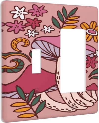 Miniatura 41 de Cubierta de interruptor de luz de palanca doble de 2 cuadras, color rosa, hongos, flores, placa de pared, placa frontal eléctrica, retro, años 70