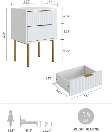 Miniatura 2 de Mesita de noche, mesa auxiliar pequeña con marco dorado, mesita de noche moderna con 2 cajones, mesa de centro, mesa auxiliar con cajón y estante