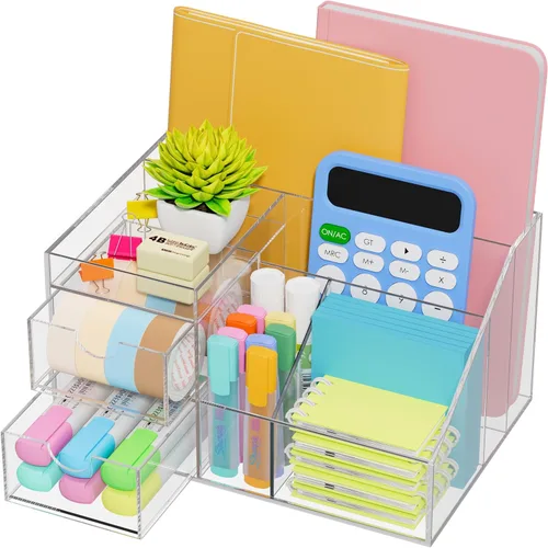 Miniatura 7 de VITVITI Organizador de escritorio acrílico, organizador de lápices transparente mejorado para escritorio, 7 compartimentos estacionarios