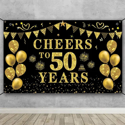 Trgowaul Decoraciones de cumpleaños número 50/aniversario/boda para mujeres y hombres, pancarta de felicitación a los 50 años, fondo negro y dorado
