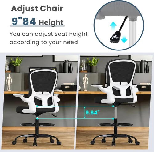 Miniatura 6 de Silla de dibujo, silla de oficina alta con reposabrazos abatibles, silla de escritorio de pie ergonómica ejecutiva para computadora, silla de dibujo