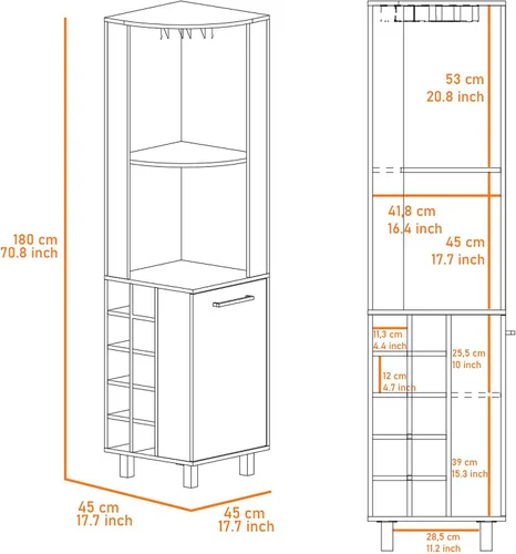 Miniatura 7 de FM FURNITURE Leah Armario esquinero para bar con 2 estantes abiertos, 2 estantes interiores, estante de vidrio y 10 cubos de vino, negro/pino