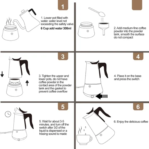 Miniatura 9 de Olla eléctrica de acero inoxidable para 6 tazas de 10.1 fl oz, cafetera expresa, cafetera portátil, cafetera italiana, clásica, Greca, Café, moca