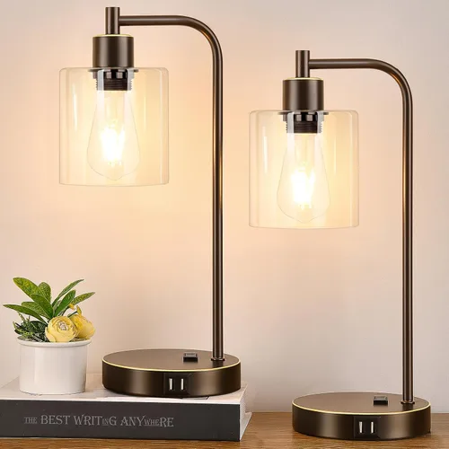 Miniatura 17 de Juego de 2 lámparas de mesa con control táctil industrial - Lámparas de mesita de noche en níquel cepillado con 2 puertos USB y enchufe de CA