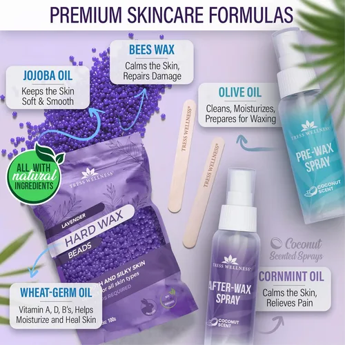 Miniatura 4 de Kit de depilación Tress Wellness para piel sensible, seguro para cara y piel, spray de preparación y cuidado posterior, fácil de usar, kit para uso