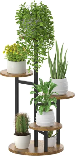 Miniatura 10 de Oppro Soporte para plantas de 3 niveles para interiores, soporte de esquina de metal de madera escalonada, soporte para macetas, estante de madera