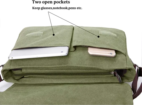 Miniatura 6 de Bolso bandolera de lona vintage para hombres y mujeres, bolsa de hombro de viaje para laptop de 13.5 pulgadas, bolsa para libros (verde militar)