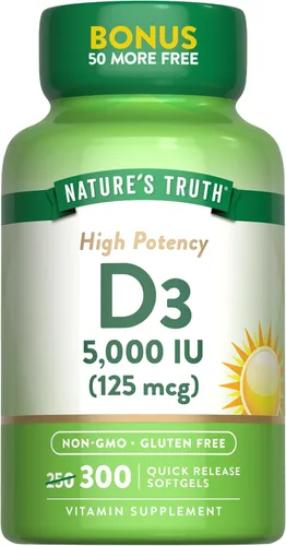 Nature's Truth Vitamina D3 5000 UI (125 mcg) | 300 cápsulas blandas | Vitamina D de alta potencia | Suplemento sin OMG y sin gluten