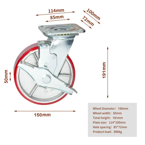 Miniatura 4 de Nisorpa Juego de 4 ruedas giratorias de acero de 6 pulgadas, ruedas giratorias de poliuretano rojo con cerradura para remolque industrial, muebles