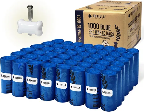 GORILLA SUPPLY 1000 bolsas de basura para excrementos de perro con dispensador y lazo para correa, 9 x 13 pulgadas, color azul, 1000 unidades