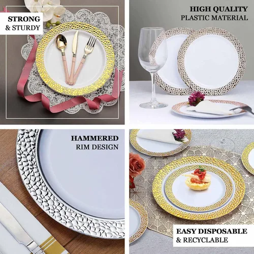 Miniatura 4 de Efavormart - Paquete de 10 platos de postre de plástico martillado de oro rosa rubor de 7.5 pulgadas con borde dorado, platos redondos desechables